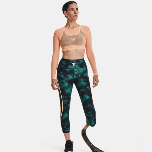 UNDER ARMOUR Project Rock Peach Horizon Black Orange Sheer Mesh crop top size XS - Picture 7 of 10